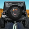 Newfoundland dog with reflective sunglasses on black spare tire cover, no camera hole