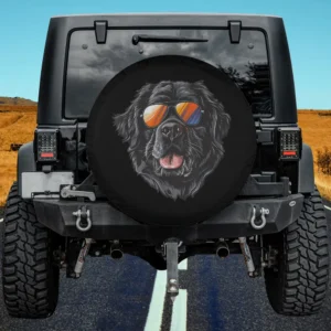 Newfoundland dog with reflective sunglasses on black spare tire cover, no camera hole