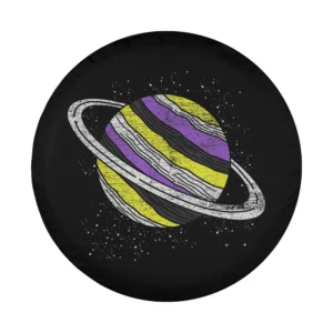 Hand-drawn Saturn planet with non binary flag colors on spare tire cover