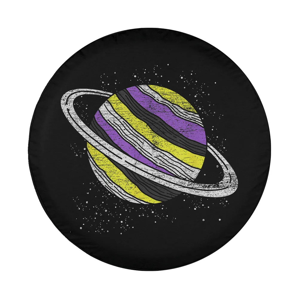 Hand-drawn Saturn planet with non binary flag colors on spare tire cover