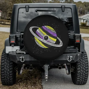 Non binary flag Saturn planet genderfluid spare tire cover for Ford Bronco Jeep RV with camera hole