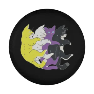 Pile of four cats in non-binary pride flag colors on black background