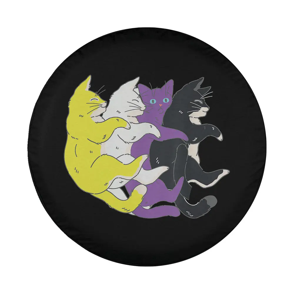 Pile of four cats in non-binary pride flag colors on black background