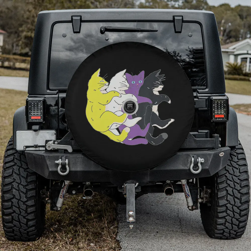 Non-binary pride flag cats pile cat spare tire cover with backup camera hole for Jeep, SUV, RV