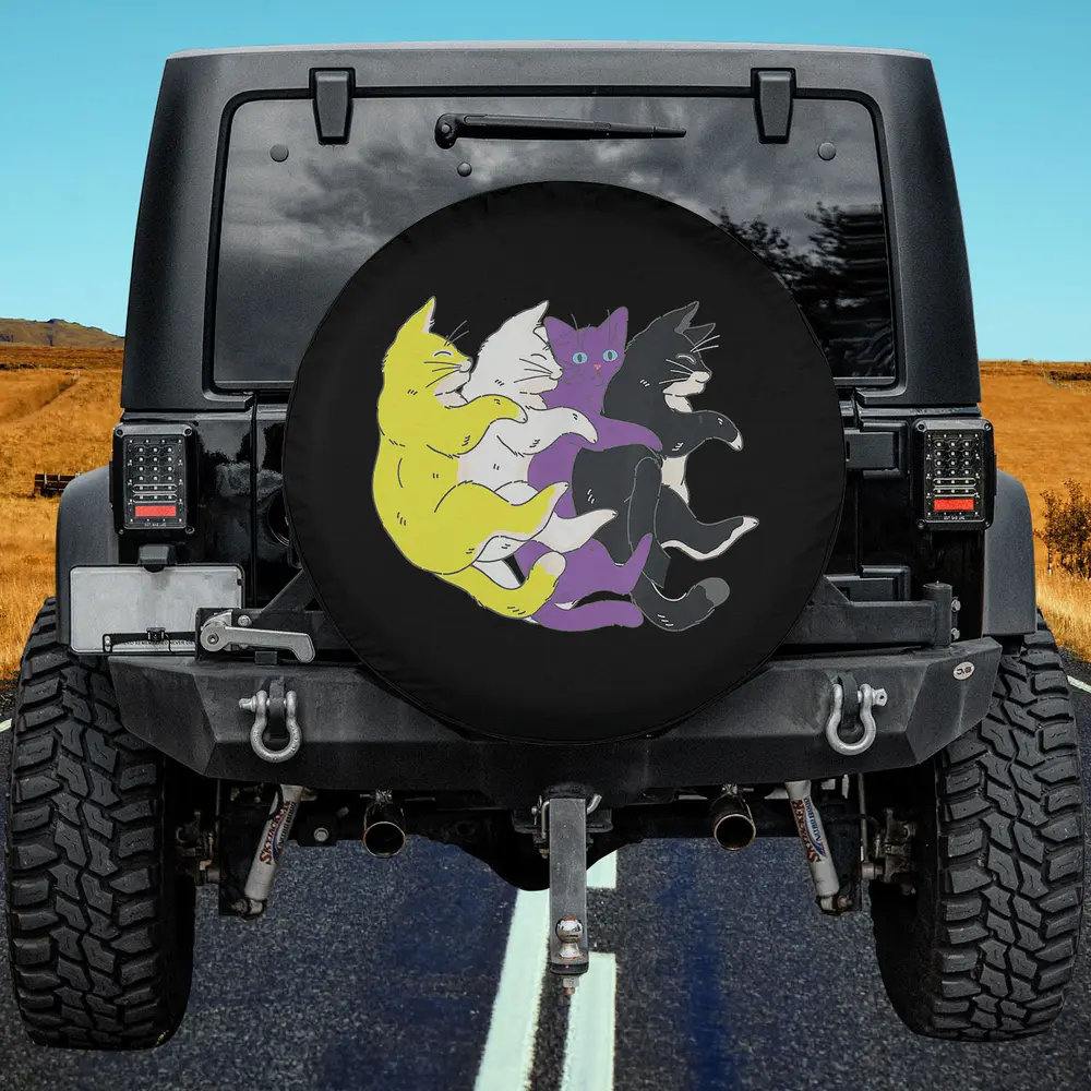 Non-binary pride flag cats pile cat spare tire cover with yellow, white, purple, and black cats for Jeep or SUV