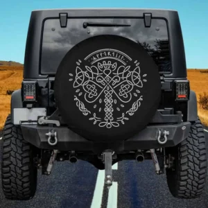 Norse runic knotwork Viking symbols spare tire cover with white linework for Ford Bronco Sport, no camera hole