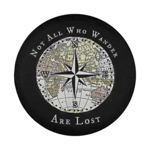 Not All Who Wander Are Lost compass map design for spare tire cover closeup