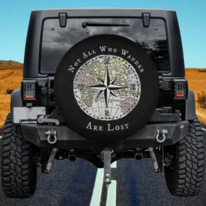 Not All Who Wander Are Lost compass map spare tire cover no camera hole for Jeep, RV, trailer