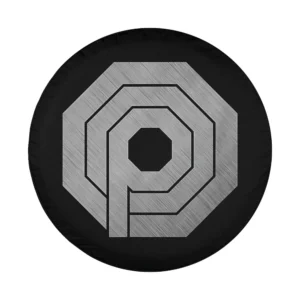 OCP Omni Consumer Products brushed metal octagon logo design on spare tire cover