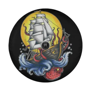 octopus and clipper ship sun tattoo art graphic Halloween spare tire cover design