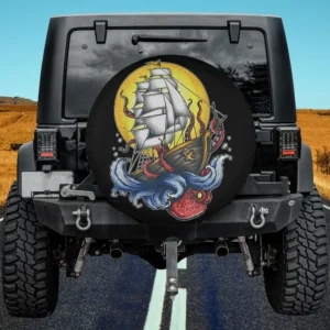 octopus clipper ship sun tattoo art spare tire cover no camera hole for Jeep and SUV
