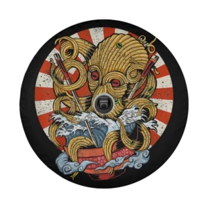 Close-up of octopus kraken ramen retro anime design on spare tire cover