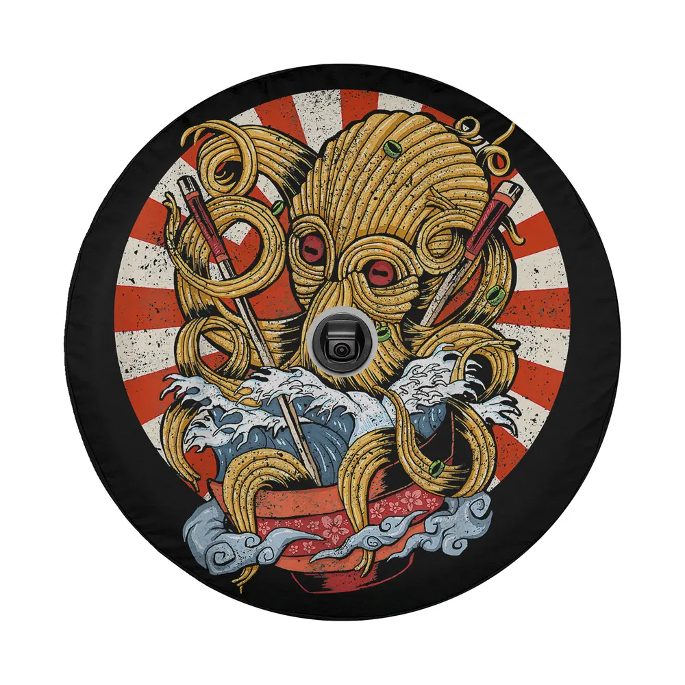 Close-up of octopus kraken ramen retro anime design on spare tire cover