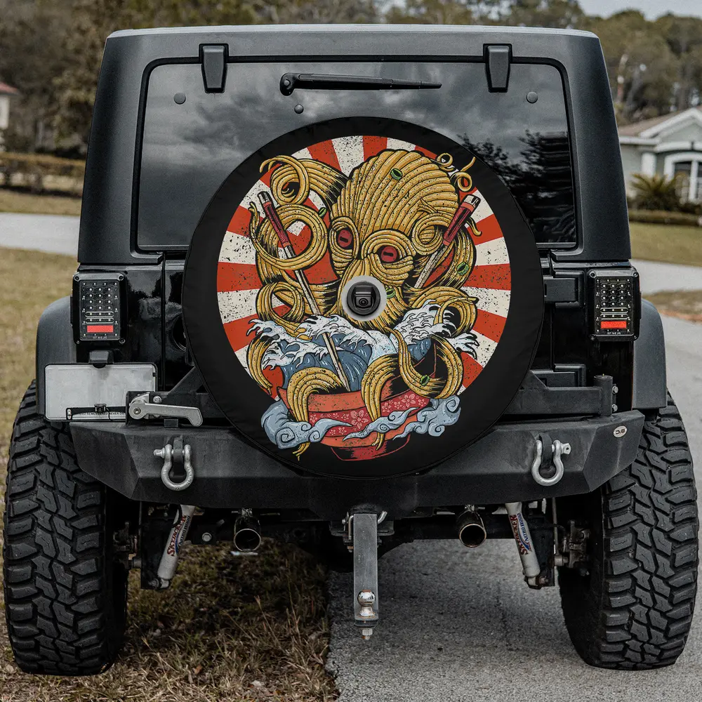 Octopus kraken ramen anime spare tire cover with camera hole on Jeep