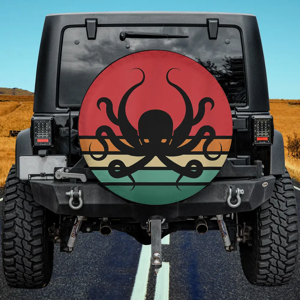 Octopus retro sunset marine biologist cephalopod spare tire cover with no camera hole