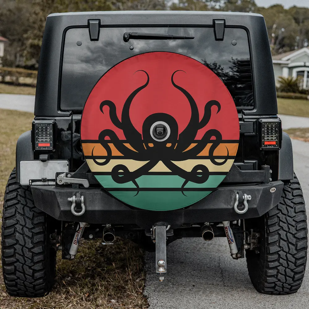 Octopus retro sunset marine biologist cephalopod spare tire cover with backup camera hole