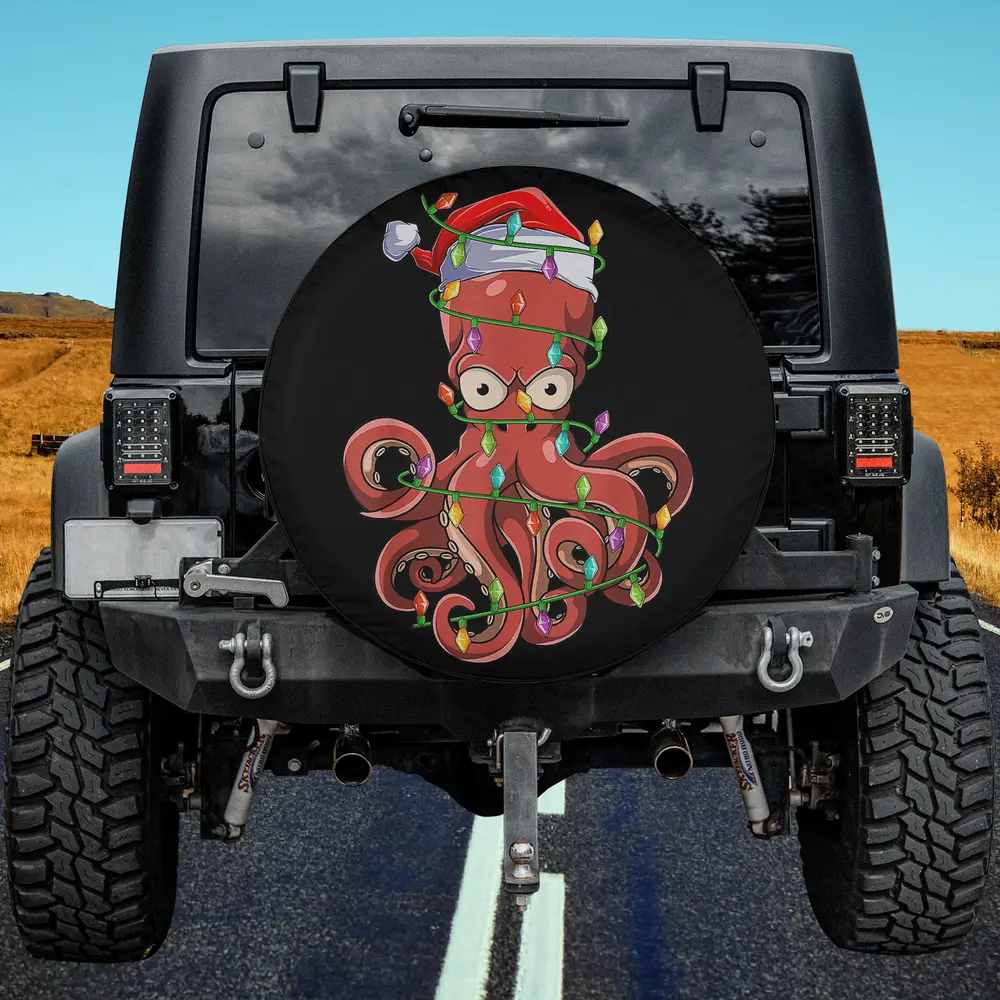 Cartoon octopus with Santa hat and Christmas lights on spare tire cover, no camera hole