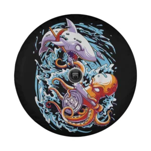 Cartoon octopus and shark swirling ocean Halloween spare tire cover art