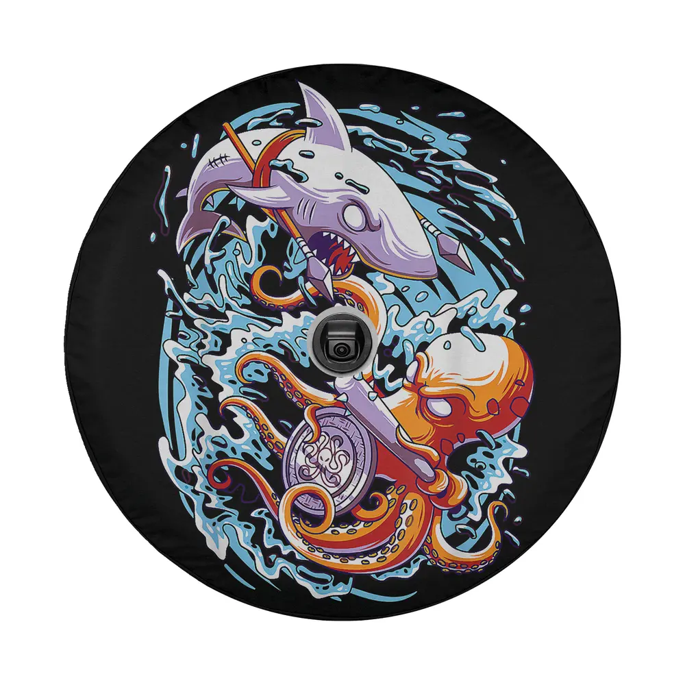 Cartoon octopus and shark swirling ocean Halloween spare tire cover art