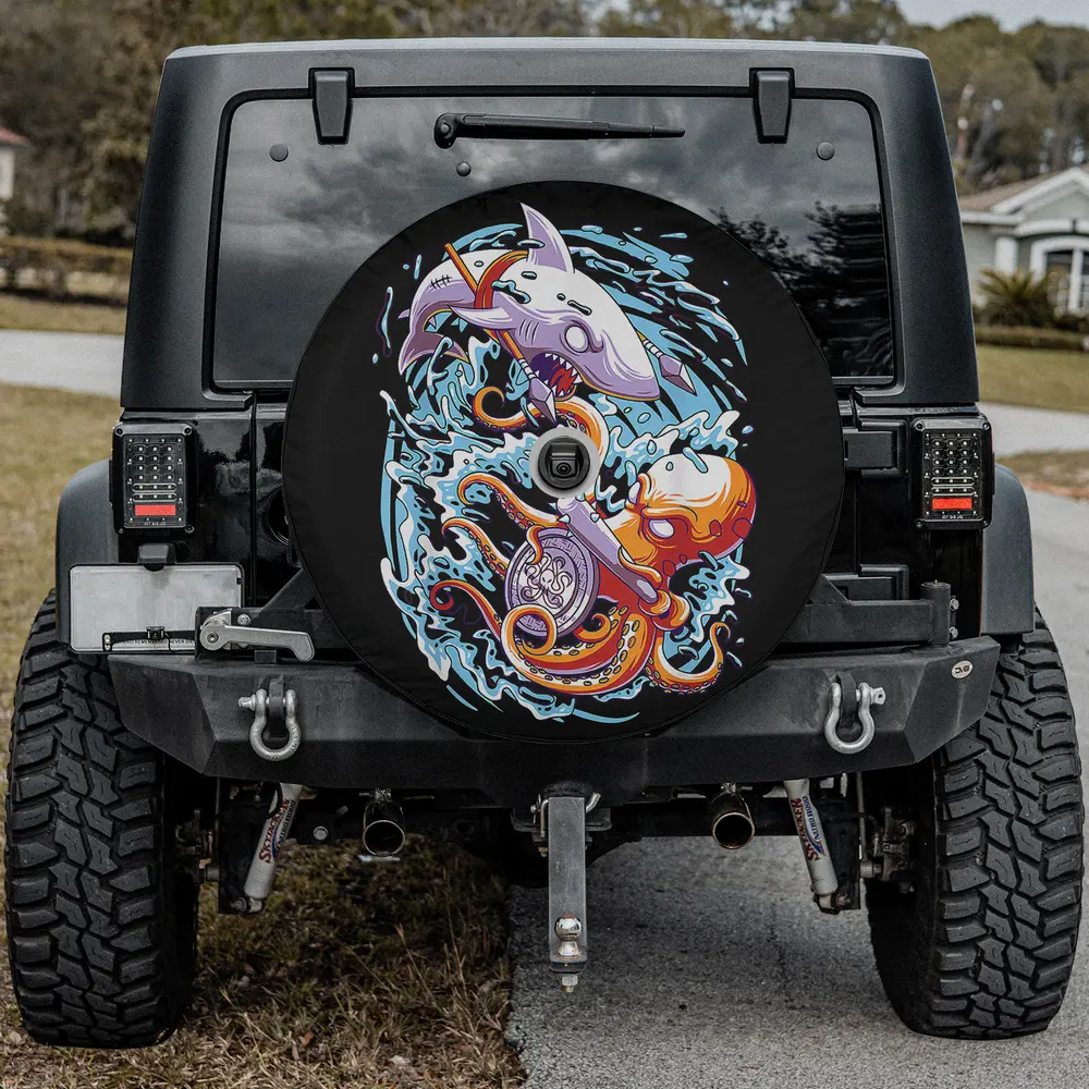 Octopus and shark marine biologist ocean spare tire cover with backup camera hole