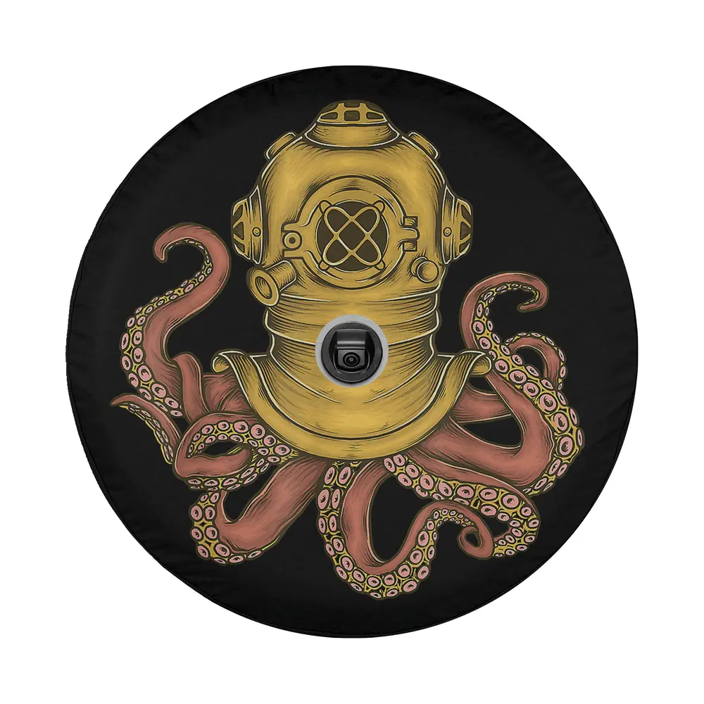 Octopus and vintage scuba diver helmet Halloween tire cover design only