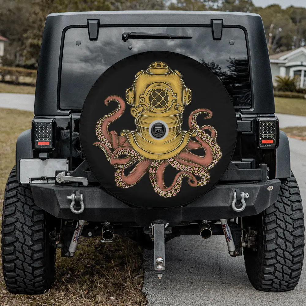 Octopus with vintage scuba diver helmet Halloween spare tire cover with camera hole