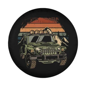 Vintage retro 70s sunset off road 4x4 Jeep mountain illustration spare tire cover design
