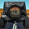 Off road 4x4 Jeep with vintage retro 70s sunset and mountains spare tire cover no camera hole
