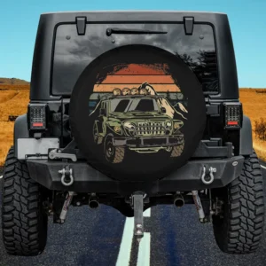 Off road 4x4 Jeep with vintage retro 70s sunset and mountains spare tire cover no camera hole