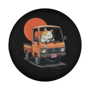 cartoon orange japan mini truck with cat and red sunset illustration