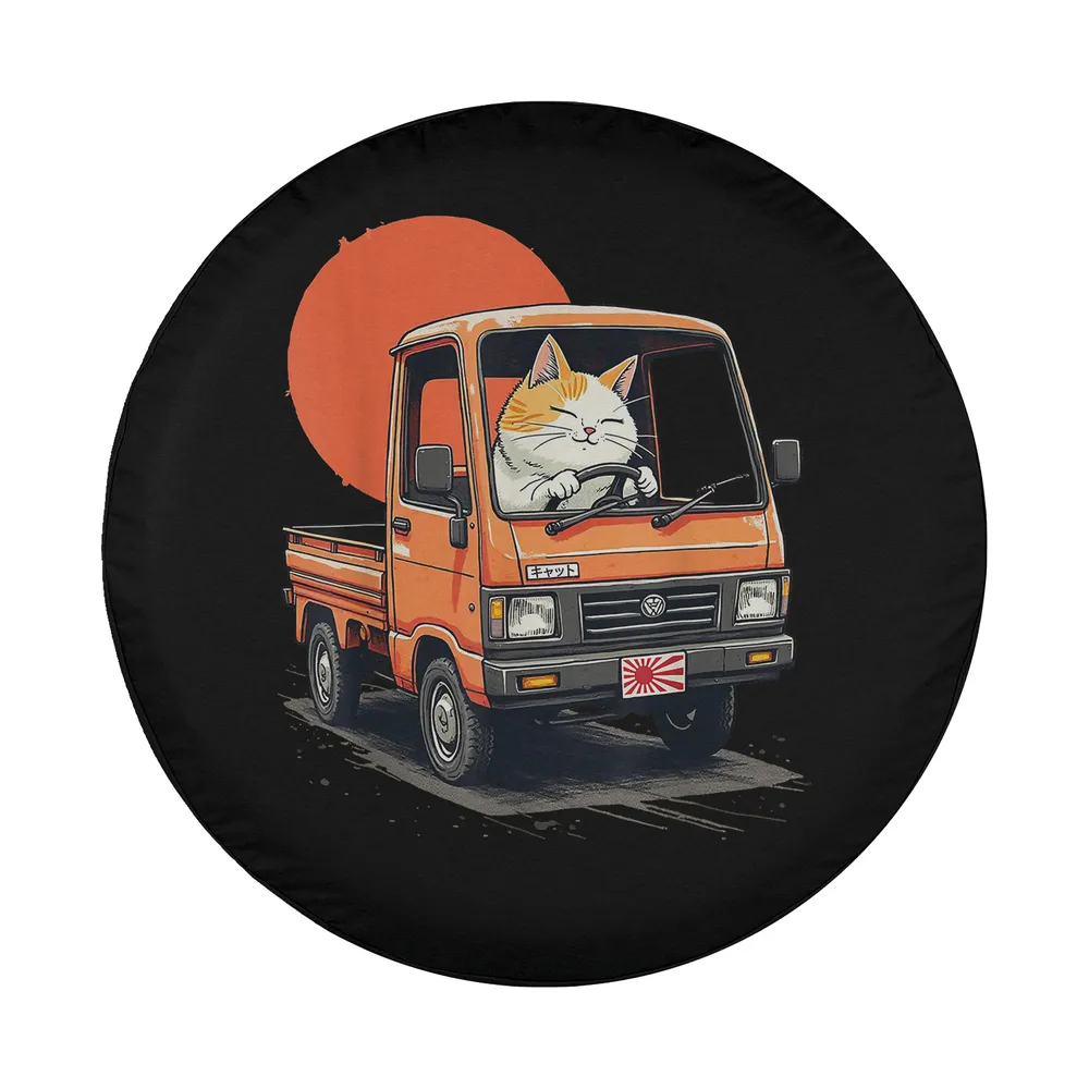 cartoon orange japan mini truck with cat and red sunset illustration