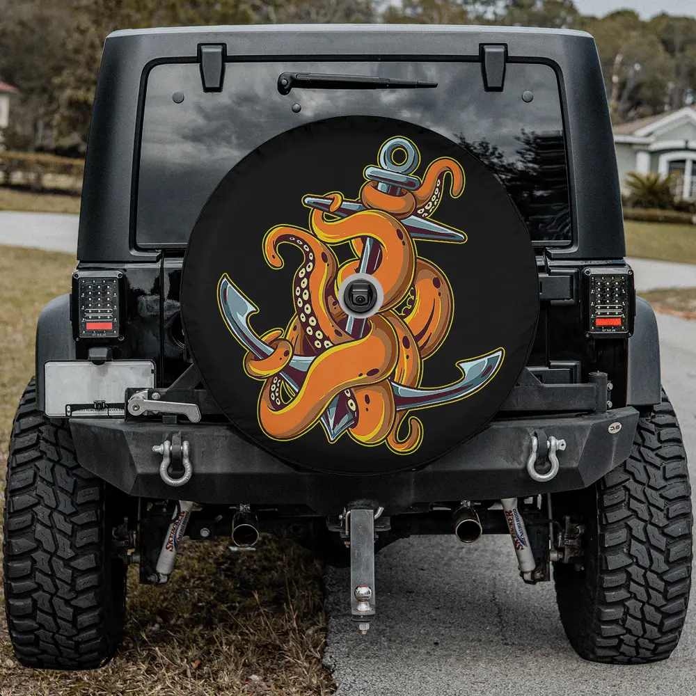 orange kraken anchor sword octopus spare tire cover with camera hole