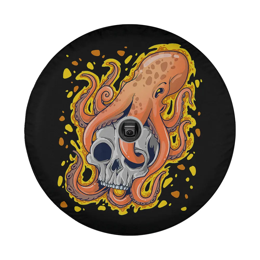 Kraken octopus yellow splash skull tattoo style spare tire cover design only