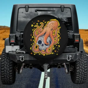 Orange kraken octopus with yellow splash and skull spare tire cover no camera hole for Jeep SUV RV