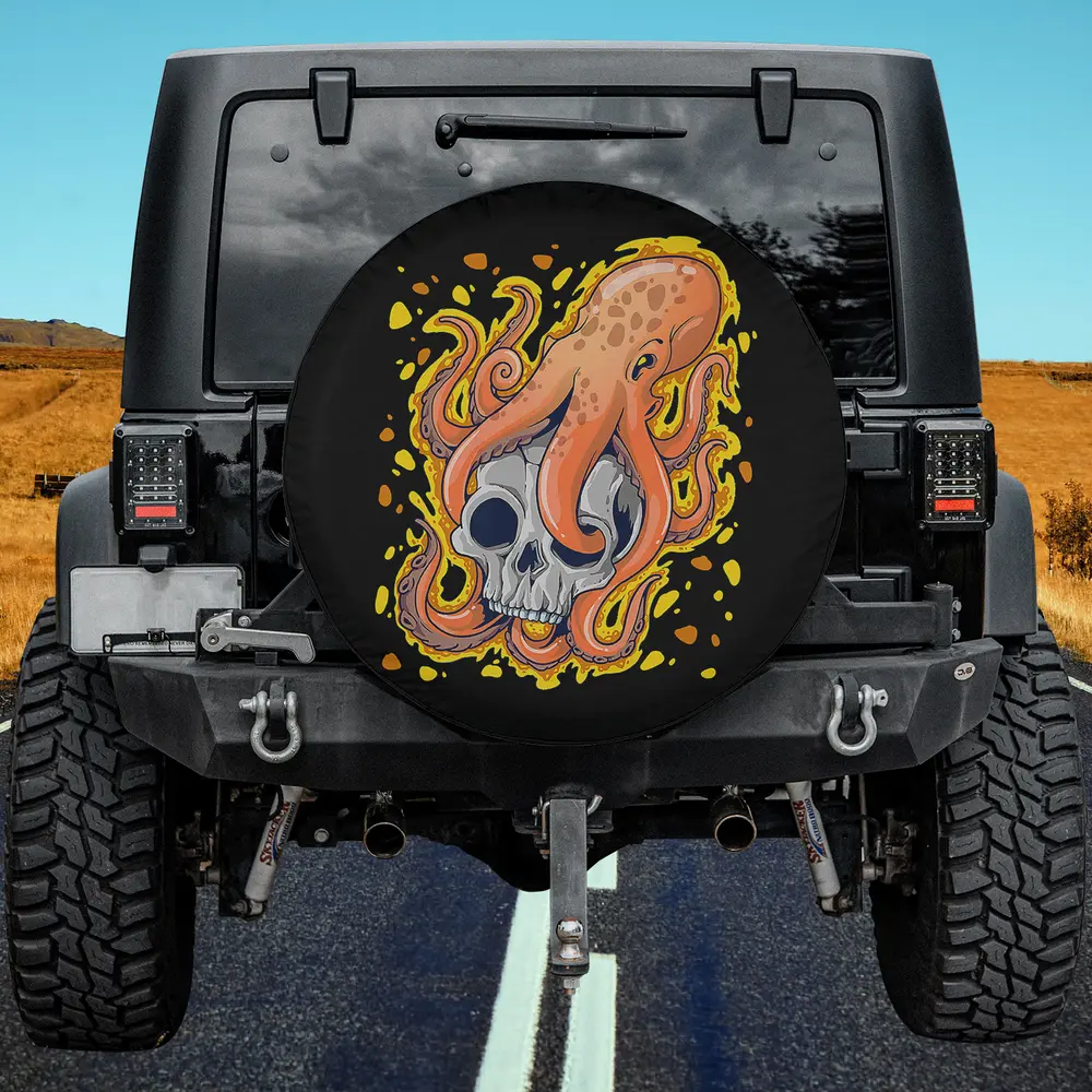 Orange kraken octopus with yellow splash and skull spare tire cover no camera hole for Jeep SUV RV