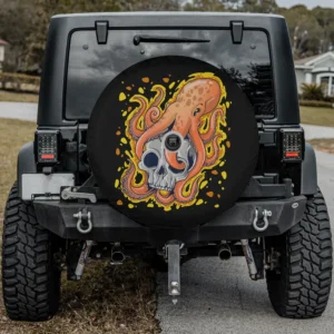 Orange kraken octopus yellow splash skull spare tire cover with camera hole for Jeep SUV RV