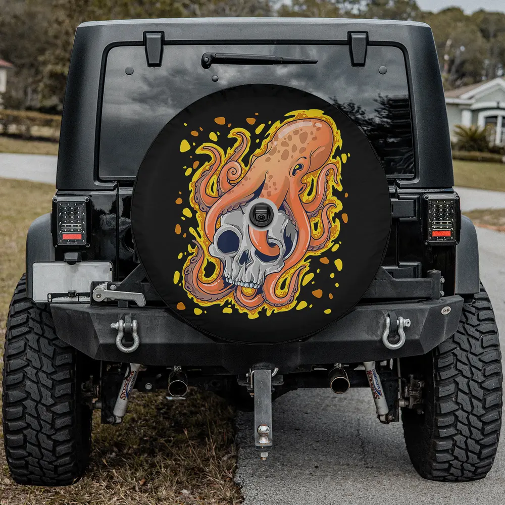 Orange kraken octopus yellow splash skull spare tire cover with camera hole for Jeep SUV RV