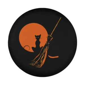 Design of orange moon witch broom cat Halloween spare tire cover