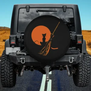 Orange moon witch broom cat Halloween spare tire cover with no camera hole