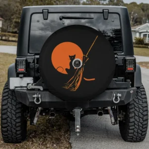 Orange moon witch broom cat Halloween spare tire cover with backup camera hole