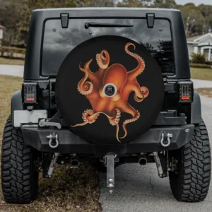 orange octopus retro vintage illustration spare tire cover with backup camera hole for SUV