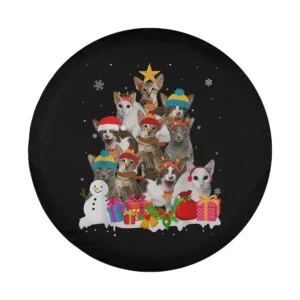 Funny Oriental Shorthair cat Christmas tree gifts illustration for tire cover