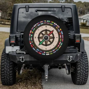 outdoor flags scout compass spare tire cover for Jeep with backup camera hole, flags and compass design