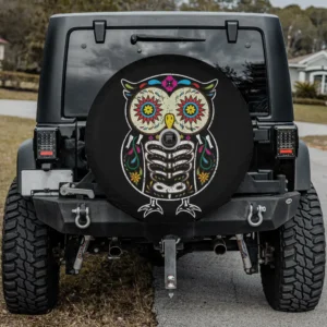Owl sugar skull floral Halloween spare tire cover with camera hole, skeleton owl and floral design for Jeep SUV RV