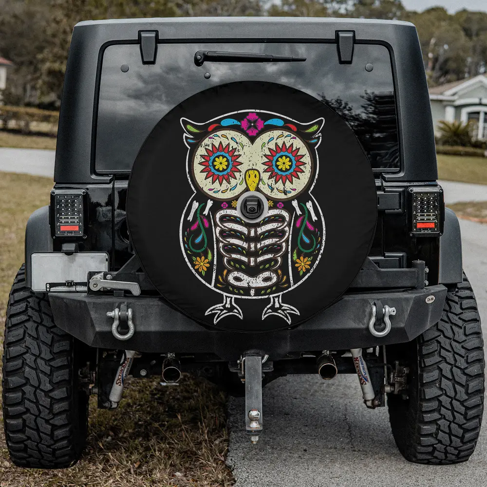 Owl sugar skull floral Halloween spare tire cover with camera hole, skeleton owl and floral design for Jeep SUV RV