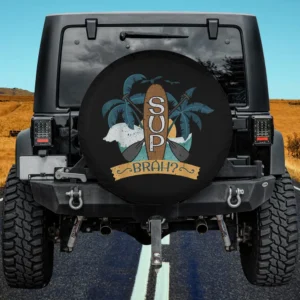 paddle board palm tree surf beach spare tire cover with SUP and palm design, no camera hole