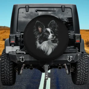 Black and white Papillon dog realistic pet art spare tire cover with no camera hole