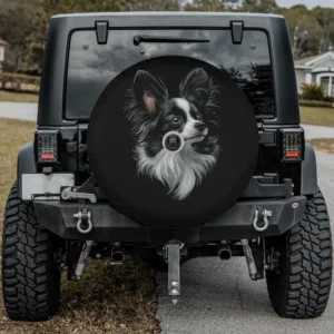 Black and white Papillon dog realistic pet art spare tire cover with backup camera hole