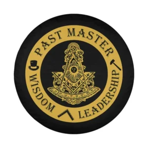Gold Past Master Freemason emblem with wisdom leadership text, classic Masonic design for spare tire cover