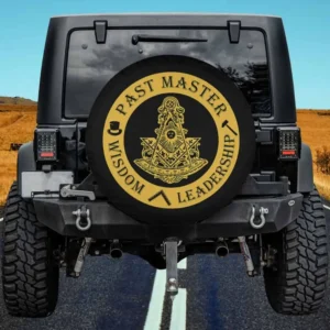 Past Master Freemason emblem with wisdom and leadership text on black and gold spare tire cover, no camera hole